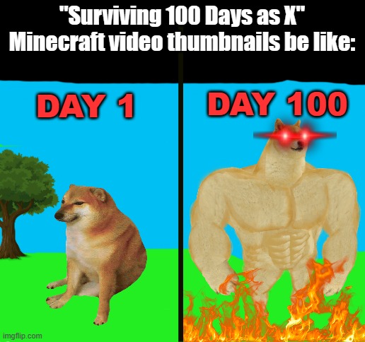 bruh moment | "Surviving 100 Days as X" Minecraft video thumbnails be like:; DAY 100; DAY 1 | image tagged in blank white template,minecraft memes,youtube | made w/ Imgflip meme maker