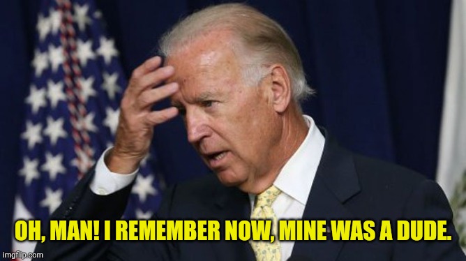 Joe Biden worries | OH, MAN! I REMEMBER NOW, MINE WAS A DUDE. | image tagged in joe biden worries | made w/ Imgflip meme maker