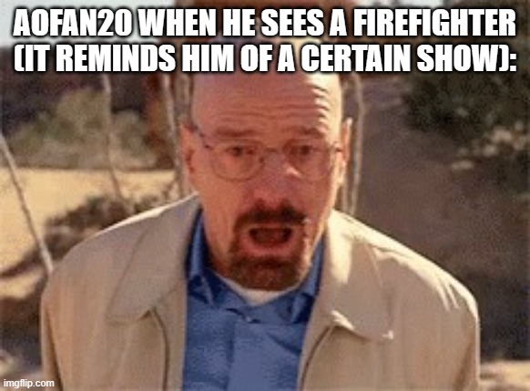 Walter White | AOFAN20 WHEN HE SEES A FIREFIGHTER (IT REMINDS HIM OF A CERTAIN SHOW): | image tagged in walter white | made w/ Imgflip meme maker