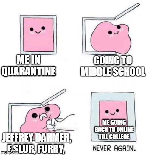 Never again | ME IN QUARANTINE GOING TO MIDDLE SCHOOL JEFFREY DAHMER, F SLUR, FURRY, ME GOING BACK TO ONLINE TILL COLLEGE | image tagged in never again | made w/ Imgflip meme maker