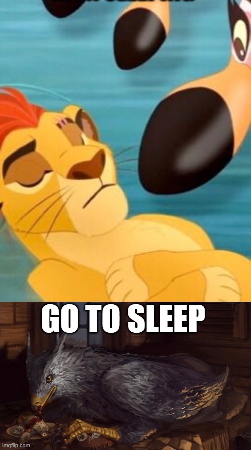 GO TO SLEEP | image tagged in kion sleeping for no reason,buckbeak | made w/ Imgflip meme maker