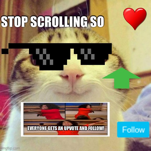 Stop Scrolling so everybody gets an upvote and follow! | STOP SCROLLING SO; EVERYONE GETS AN UPVOTE AND FOLLOW! | image tagged in memes,smiling cat | made w/ Imgflip meme maker