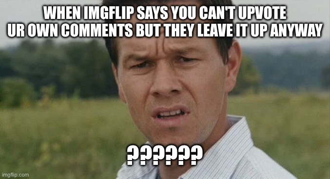 Confused Confusion | WHEN IMGFLIP SAYS YOU CAN'T UPVOTE UR OWN COMMENTS BUT THEY LEAVE IT UP ANYWAY; ?????? | image tagged in mark wahlburg confused | made w/ Imgflip meme maker