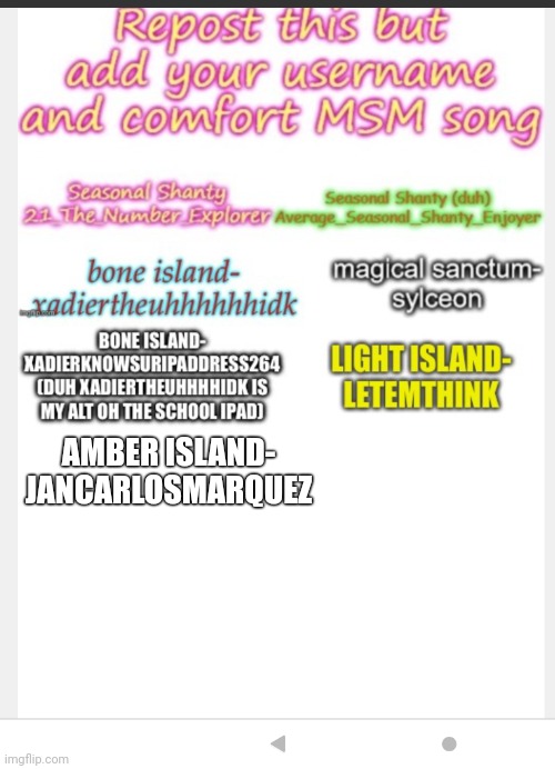 Repost but add your comfort song and username | AMBER ISLAND-
JANCARLOSMARQUEZ | image tagged in my singing monsters | made w/ Imgflip meme maker