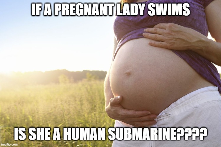 WHATTT??? | IF A PREGNANT LADY SWIMS; IS SHE A HUMAN SUBMARINE???? | image tagged in pregnant woman | made w/ Imgflip meme maker