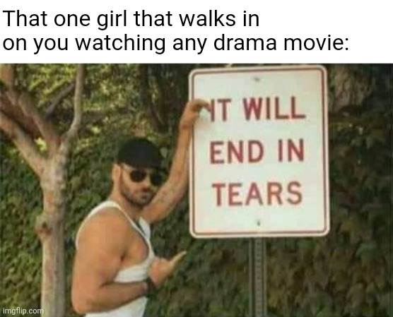 It will end in tears | That one girl that walks in on you watching any drama movie: | image tagged in it will end in tears | made w/ Imgflip meme maker