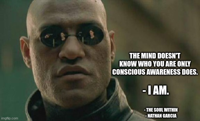 spirituality | THE MIND DOESN'T KNOW WHO YOU ARE ONLY CONSCIOUS AWARENESS DOES. - I AM. - THE SOUL WITHIN
- NATHAN GARCIA | image tagged in memes,matrix morpheus | made w/ Imgflip meme maker
