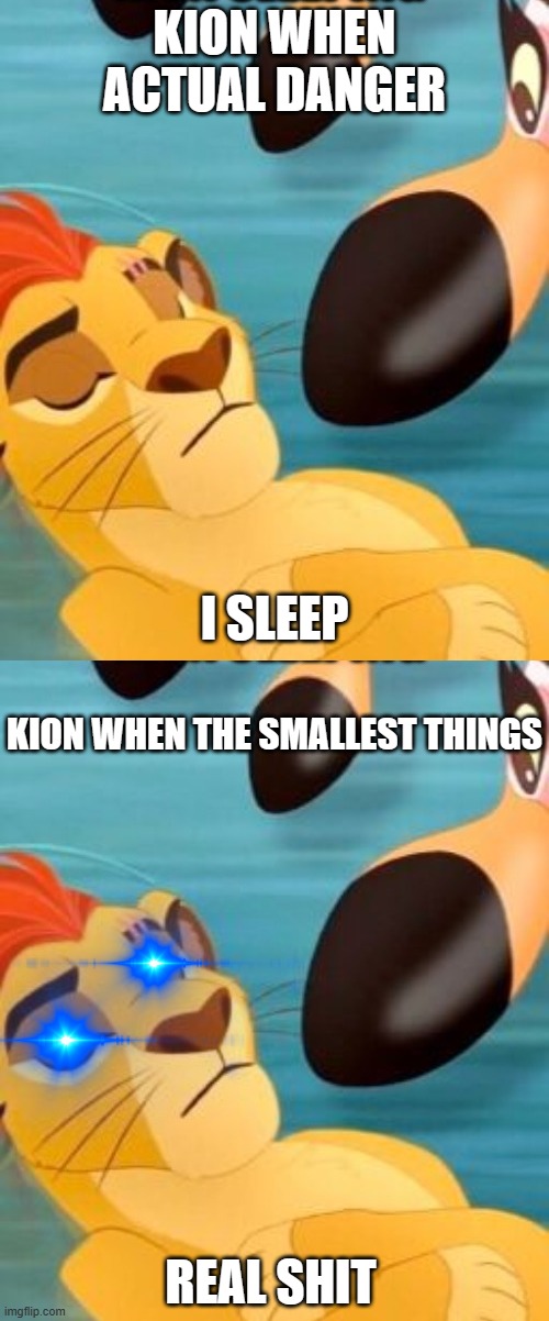 KION WHEN ACTUAL DANGER; I SLEEP; KION WHEN THE SMALLEST THINGS; REAL SHIT | image tagged in kion sleeping for no reason | made w/ Imgflip meme maker