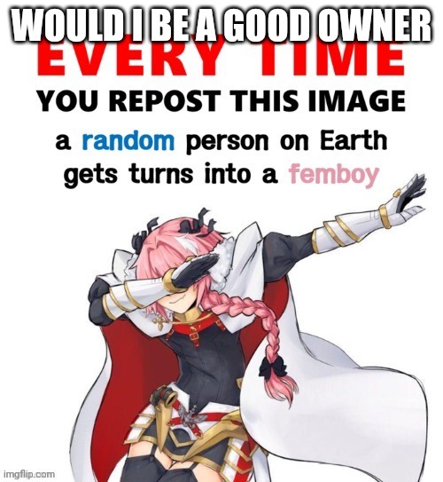 Every time you repost this image femboy | WOULD I BE A GOOD OWNER | image tagged in every time you repost this image femboy | made w/ Imgflip meme maker