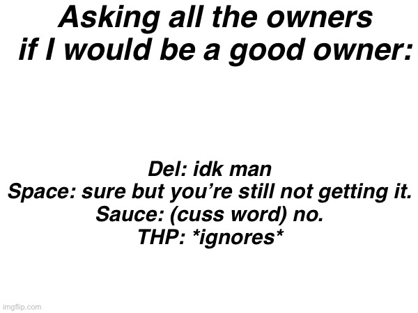 . | Asking all the owners if I would be a good owner:; Del: idk man
Space: sure but you’re still not getting it.
Sauce: (cuss word) no.
THP: *ignores* | made w/ Imgflip meme maker