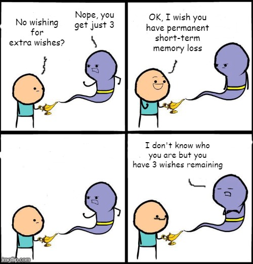 Sneaky | OK, I wish you
have permanent
short-term memory loss; Nope, you get just 3; No wishing for extra wishes? I don't know who you are but you have 3 wishes remaining | image tagged in 3 wishes,memes,memory loss,cheating,extra | made w/ Imgflip meme maker