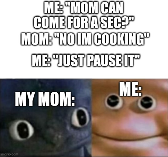 Broke the system | ME: "MOM CAN COME FOR A SEC?"; MOM: "NO IM COOKING"; ME: "JUST PAUSE IT"; ME:; MY MOM: | image tagged in blank stare dragon,mom,relatable,video games | made w/ Imgflip meme maker