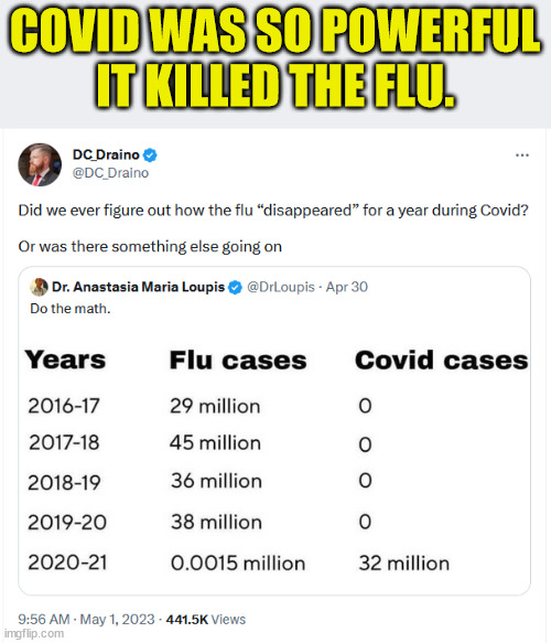 Covid was so powerful it killed the flu. | COVID WAS SO POWERFUL IT KILLED THE FLU. | image tagged in covid,truth | made w/ Imgflip meme maker