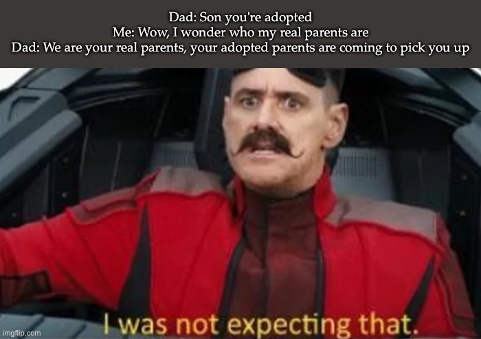 Orphan? | Dad: Son you're adopted
Me: Wow, I wonder who my real parents are
Dad: We are your real parents, your adopted parents are coming to pick you up | image tagged in i was not expecting that,adopted,adoption,dad,burn | made w/ Imgflip meme maker