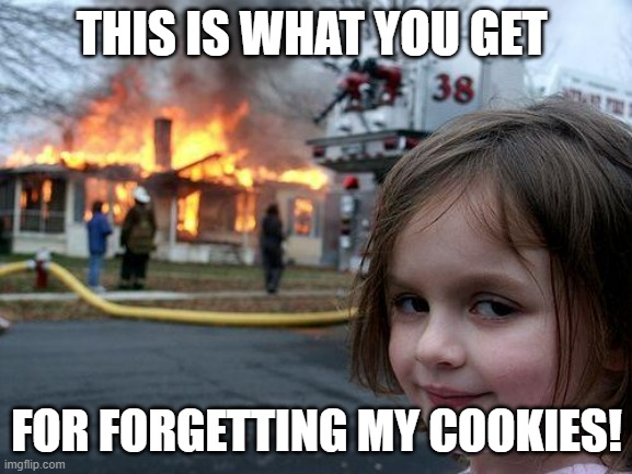 Disaster Girl | THIS IS WHAT YOU GET; FOR FORGETTING MY COOKIES! | image tagged in memes,disaster girl | made w/ Imgflip meme maker