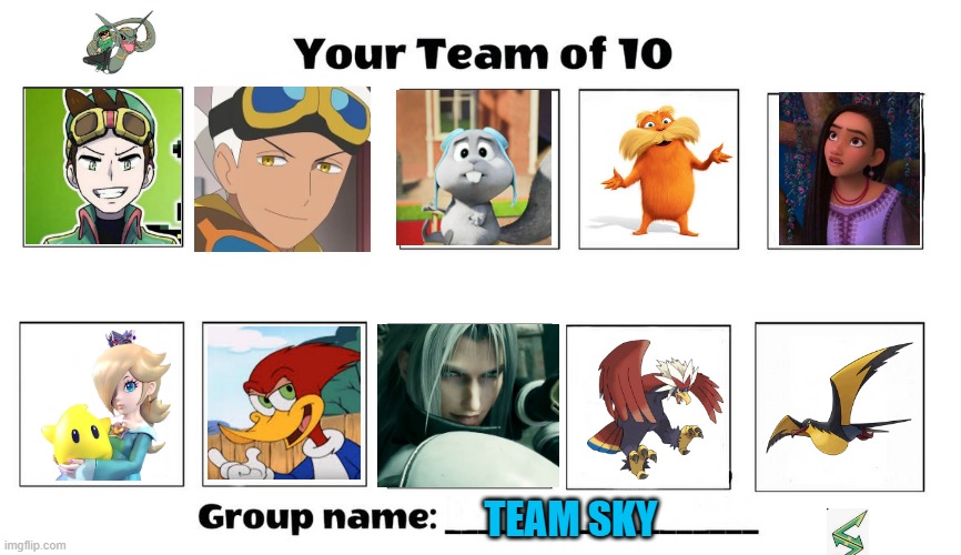 pokemon team sky | TEAM SKY | image tagged in your team of 10,team rocket,pokemon,team america,pokemon memes | made w/ Imgflip meme maker