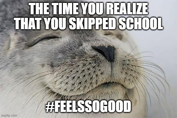 Satisfied Seal | THE TIME YOU REALIZE THAT YOU SKIPPED SCHOOL; #FEELSSOGOOD | image tagged in memes,satisfied seal | made w/ Imgflip meme maker