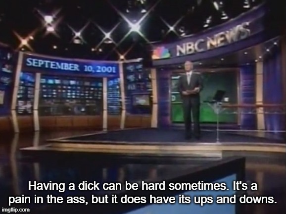 September 10, 2001 | Having a dick can be hard sometimes. It's a pain in the ass, but it does have its ups and downs. | image tagged in september 10 2001 | made w/ Imgflip meme maker