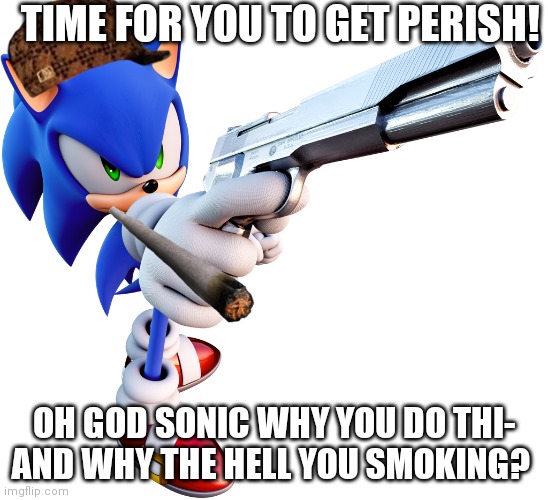 Time for you to perish | TIME FOR YOU TO GET PERISH! OH GOD SONIC WHY YOU DO THI-
AND WHY THE HELL YOU SMOKING? | image tagged in sonic with a gun | made w/ Imgflip meme maker