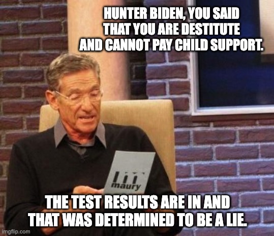 But he got a slap on the wrist | HUNTER BIDEN, YOU SAID THAT YOU ARE DESTITUTE AND CANNOT PAY CHILD SUPPORT. THE TEST RESULTS ARE IN AND THAT WAS DETERMINED TO BE A LIE. | image tagged in maury povich that was a lie | made w/ Imgflip meme maker