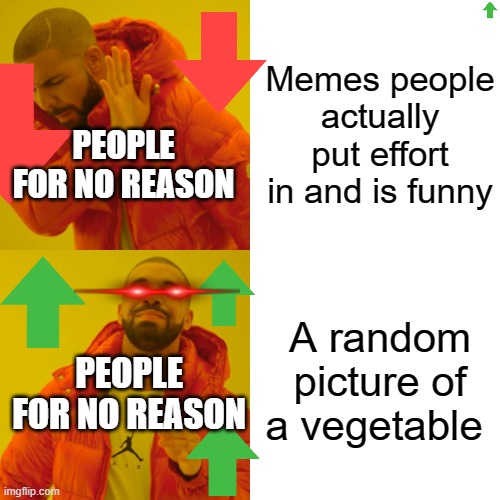 WHY???? | Memes people actually put effort in and is funny; PEOPLE FOR NO REASON; A random picture of a vegetable; PEOPLE FOR NO REASON | image tagged in memes,drake hotline bling | made w/ Imgflip meme maker