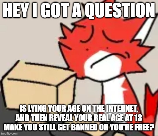 distraught | HEY I GOT A QUESTION; IS LYING YOUR AGE ON THE INTERNET, AND THEN REVEAL YOUR REAL AGE AT 13 MAKE YOU STILL GET BANNED OR YOU'RE FREE? | image tagged in distraught | made w/ Imgflip meme maker