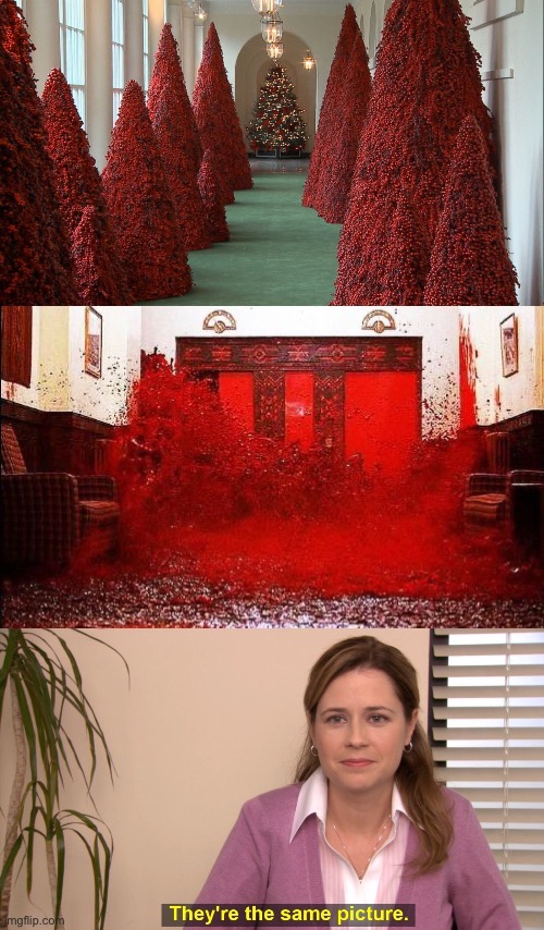 image tagged in trump christmas trees,the shining blood elevator,memes,they're the same picture | made w/ Imgflip meme maker