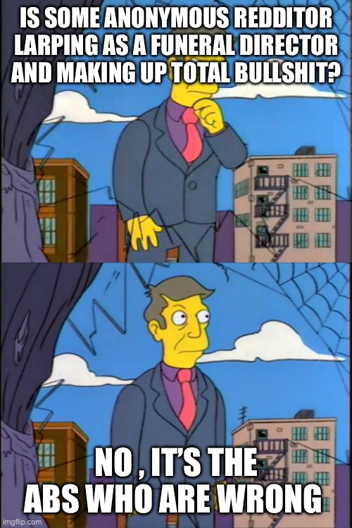 Skinner | IS SOME ANONYMOUS REDDITOR LARPING AS A FUNERAL DIRECTOR AND MAKING UP TOTAL BULLSHIT? NO , IT’S THE ABS WHO ARE WRONG | image tagged in skinner | made w/ Imgflip meme maker