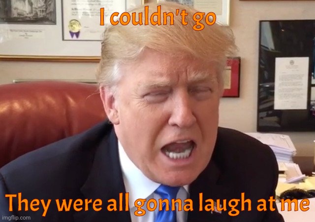 trump crying | I couldn't go They were all gonna laugh at me | image tagged in trump crying | made w/ Imgflip meme maker