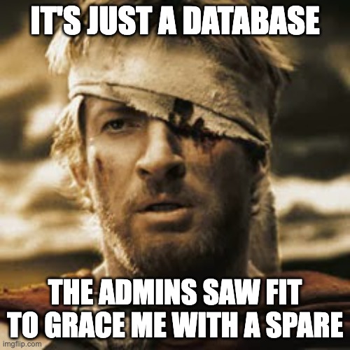 An eye for an eye, a db for a db | IT'S JUST A DATABASE; THE ADMINS SAW FIT TO GRACE ME WITH A SPARE | image tagged in sparta 300 one eye guy,dba,adminsys,database,backup | made w/ Imgflip meme maker