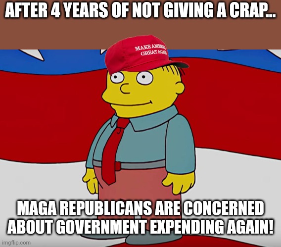 Hypoconservative | AFTER 4 YEARS OF NOT GIVING A CRAP... MAGA REPUBLICANS ARE CONCERNED ABOUT GOVERNMENT EXPENDING AGAIN! | image tagged in conservative,republican,donald trump,democrat,liberal,national debt | made w/ Imgflip meme maker