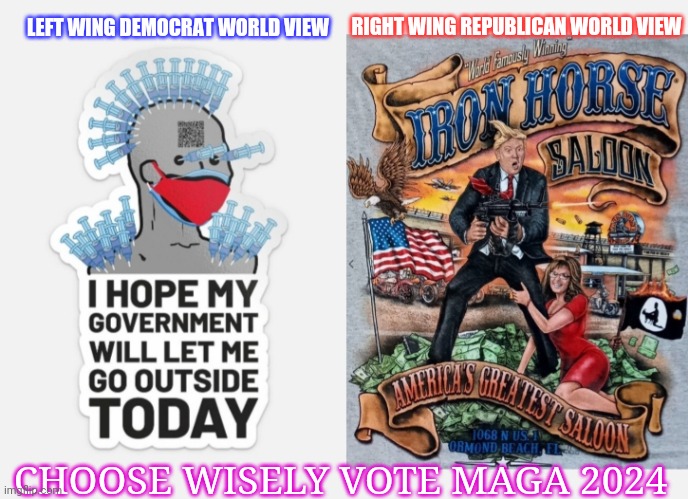 Two opposing world-views | RIGHT WING REPUBLICAN WORLD VIEW; LEFT WING DEMOCRAT WORLD VIEW; CHOOSE WISELY VOTE MAGA 2024 | image tagged in libtards,finished,vote,republican,vote trump | made w/ Imgflip meme maker