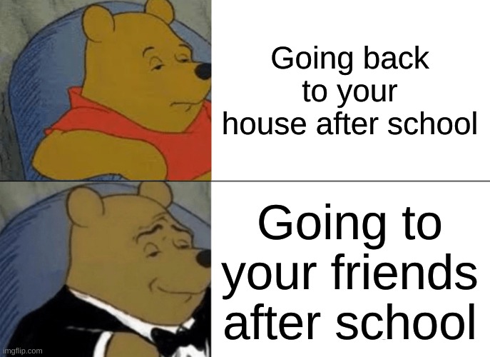 Tuxedo Winnie The Pooh | Going back to your house after school; Going to your friends after school | image tagged in memes,tuxedo winnie the pooh | made w/ Imgflip meme maker