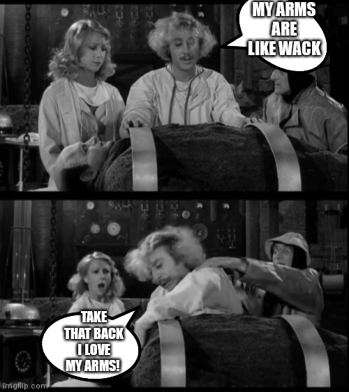 Wack arms | MY ARMS ARE LIKE WACK; TAKE THAT BACK I LOVE MY ARMS! | image tagged in funny memes,frankenstein,arms,wack | made w/ Imgflip meme maker