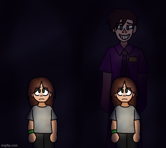i made the art, also i made this as a template too lol if you ever wanna caption it | image tagged in william afton behind charlie,fnaf,charlotte emily,william afton,charlie emily,fnaf pizzeria simulator | made w/ Imgflip meme maker