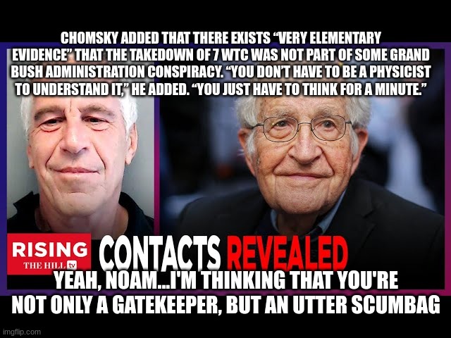 CHOMSKY ADDED THAT THERE EXISTS “VERY ELEMENTARY EVIDENCE” THAT THE TAKEDOWN OF 7 WTC WAS NOT PART OF SOME GRAND BUSH ADMINISTRATION CONSPIRACY. “YOU DON’T HAVE TO BE A PHYSICIST TO UNDERSTAND IT,” HE ADDED. “YOU JUST HAVE TO THINK FOR A MINUTE.”; YEAH, NOAM...I'M THINKING THAT YOU'RE NOT ONLY A GATEKEEPER, BUT AN UTTER SCUMBAG | made w/ Imgflip meme maker