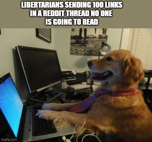 No one cares, libertarian | LIBERTARIANS SENDING 100 LINKS
IN A REDDIT THREAD NO ONE 
IS GOING TO READ | image tagged in dog behind a computer | made w/ Imgflip meme maker