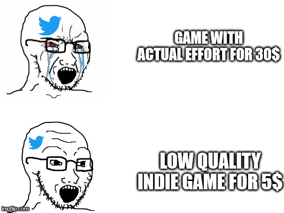 gaming twitter be like | GAME WITH ACTUAL EFFORT FOR 30$; LOW QUALITY INDIE GAME FOR 5$ | image tagged in crying hypocrite wojak | made w/ Imgflip meme maker