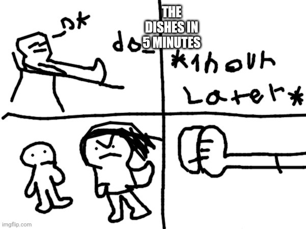 Do it in 5 minutes | THE DISHES IN 5 MINUTES | image tagged in do it in 5 minutes | made w/ Imgflip meme maker