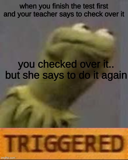 why.. just why | when you finish the test first
and your teacher says to check over it; you checked over it.. but she says to do it again | image tagged in kermit triggered | made w/ Imgflip meme maker