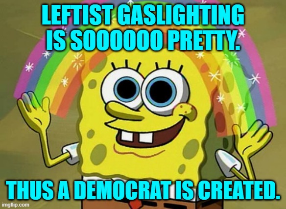 I knew there had to be an explanation. | LEFTIST GASLIGHTING IS SOOOOOO PRETTY. THUS A DEMOCRAT IS CREATED. | image tagged in imagination spongebob | made w/ Imgflip meme maker