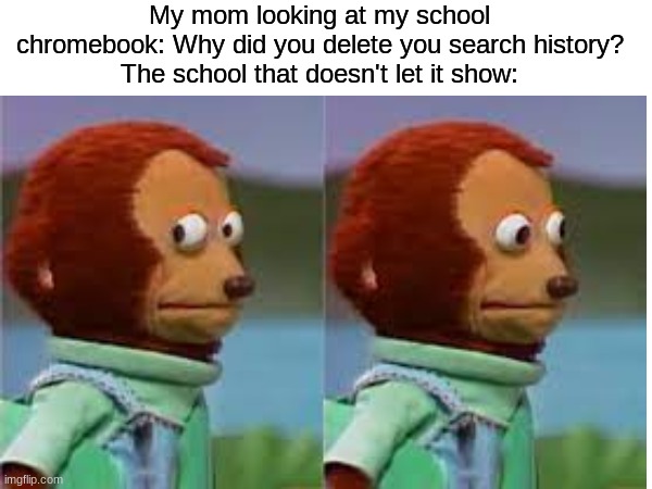 will someone explain it | My mom looking at my school chromebook: Why did you delete you search history?
The school that doesn't let it show: | image tagged in monkey puppet,meme,if you read this tag you are cursed | made w/ Imgflip meme maker