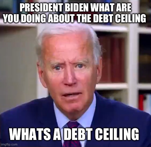 Slow Joe Biden Dementia Face | PRESIDENT BIDEN WHAT ARE YOU DOING ABOUT THE DEBT CEILING; WHATS A DEBT CEILING | image tagged in slow joe biden dementia face | made w/ Imgflip meme maker