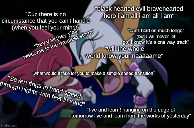 i've memorized so many sonic songs lyrics that i can't put em all here bro | "black hearted evil bravehearted hero i am all i am all i am"; "Cuz there is no circumstance that you can't handle (when you feel your mind)"; "can't hold on much longer (but i will never let go) i know it's a one way track"; "hey y'all (hey y'all) welcome to the greatest storm"; "will the whole world know your naaaaame"; "what would it take for you to make a simple speed transition"; "Seven rings in hand speed through nights with feet in sand"; "live and learn! hanging on the edge of tomorrow live and learn from the works of yesterday" | image tagged in rouge yelling at knuckles | made w/ Imgflip meme maker