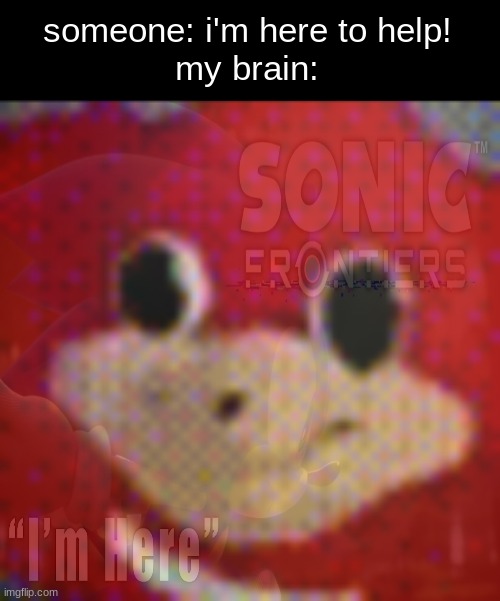 REACHING FAAAAAR ACROSS THESE NEW FRONTIERSSSS WITH MY LIFE I FIGHT THIS FEAR | someone: i'm here to help!
my brain: | image tagged in ugandan knuckles stare | made w/ Imgflip meme maker