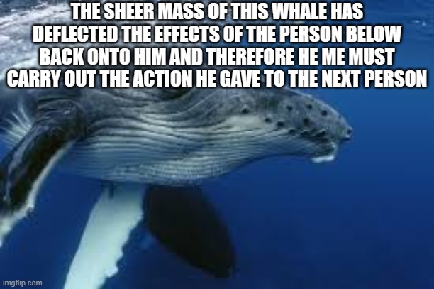 repost this whenever a "post above" appears | THE SHEER MASS OF THIS WHALE HAS DEFLECTED THE EFFECTS OF THE PERSON BELOW BACK ONTO HIM AND THEREFORE HE ME MUST CARRY OUT THE ACTION HE GAVE TO THE NEXT PERSON | image tagged in skeptical humpback whale | made w/ Imgflip meme maker