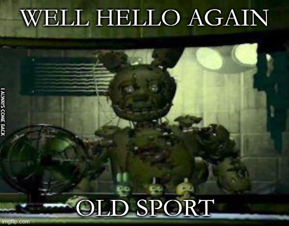 FNAF Springtrap in window | WELL HELLO AGAIN OLD SPORT I ALWAYS COME BACK | image tagged in fnaf springtrap in window | made w/ Imgflip meme maker