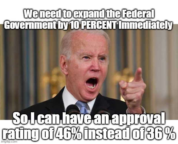 So, that's who those 36 % are ! | We need to expand the Federal Government by 10 PERCENT Immediately; So I can have an approval rating of 46% instead of 36 % | image tagged in biden approval rating meme | made w/ Imgflip meme maker