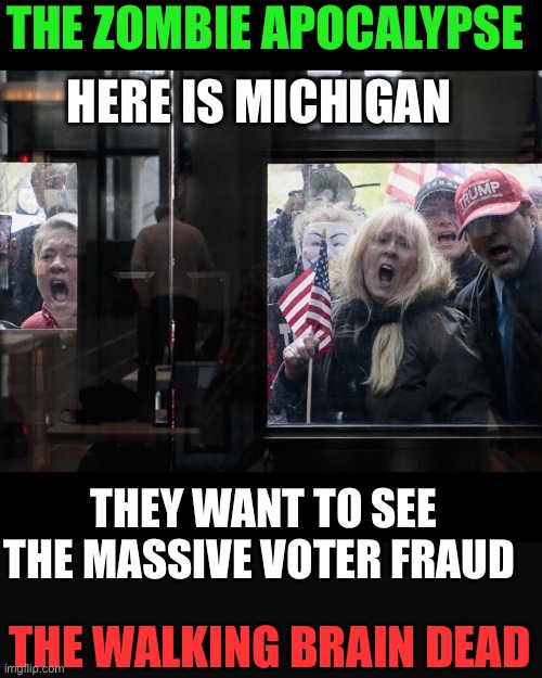 Trump Michigan Protesters | THE ZOMBIE APOCALYPSE THE WALKING BRAIN DEAD THEY WANT TO SEE THE MASSIVE VOTER FRAUD HERE IS MICHIGAN | image tagged in trump michigan protesters | made w/ Imgflip meme maker
