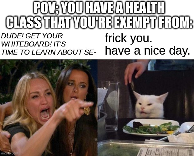 Just gotta get my chromebook from class! | POV; YOU HAVE A HEALTH CLASS THAT YOU'RE EXEMPT FROM:; DUDE! GET YOUR WHITEBOARD! IT'S TIME TO LEARN ABOUT SE-; frick you. have a nice day. | image tagged in memes,woman yelling at cat,classroom,middle school,happened to me | made w/ Imgflip meme maker